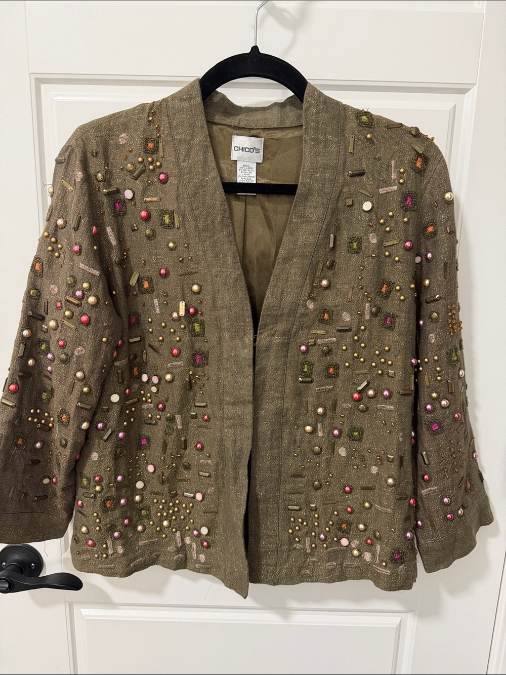 Chico's Olive Beaded Open-Front Jacket with Pink & Gold Accents